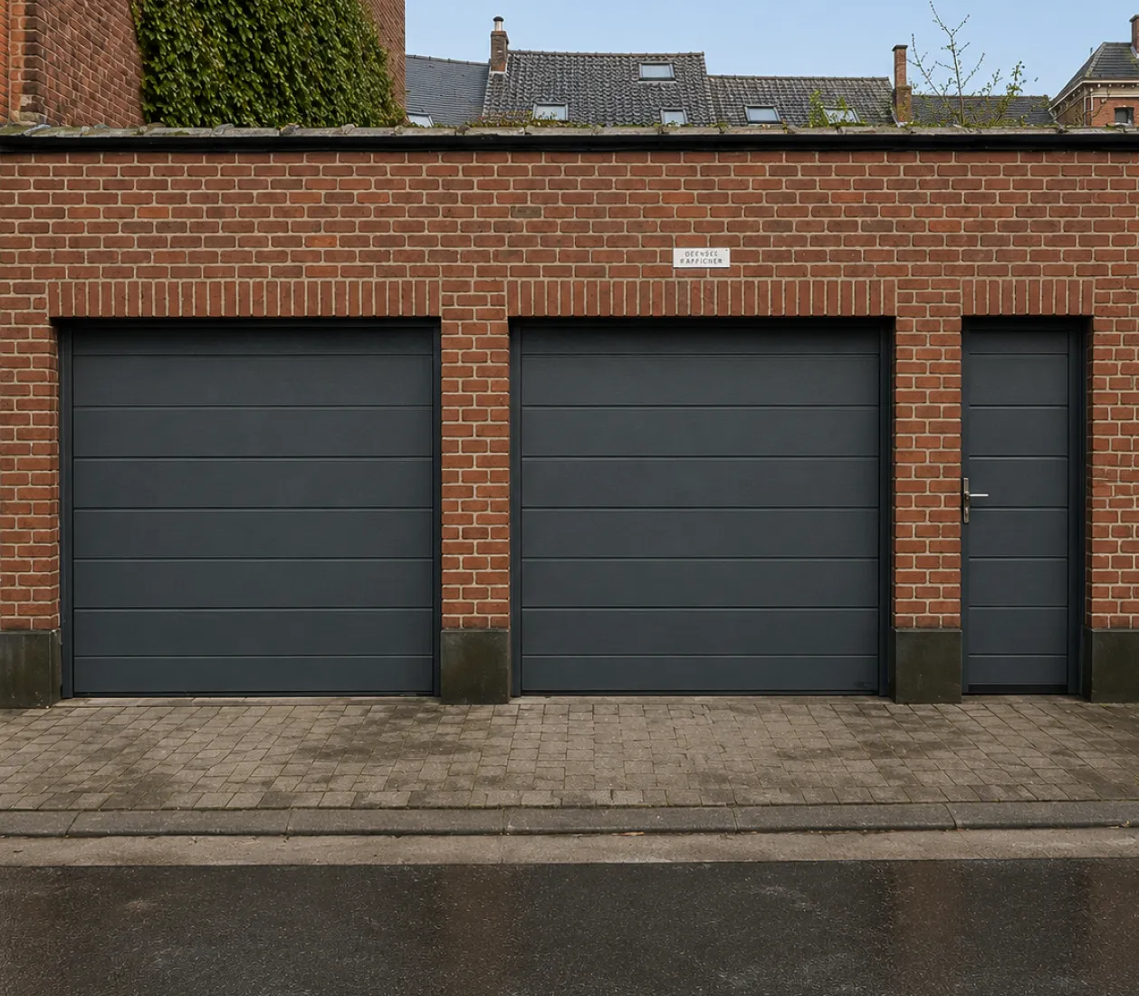 Façade en briques avec deux grandes portes de garage grises et une porte piétonne grise à droite.