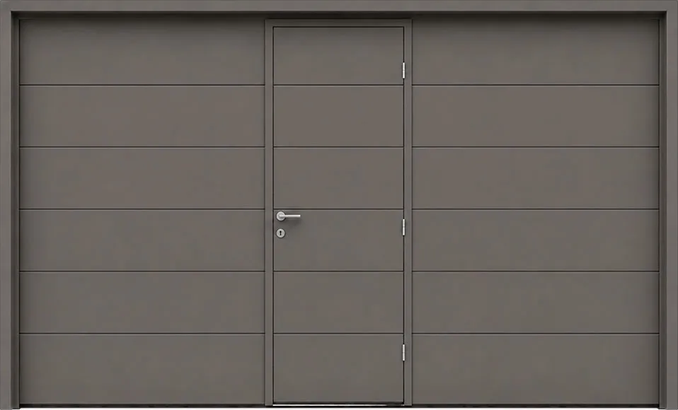 Porte de garage grise avec une porte piétonne centrale et un design à panneaux horizontaux.