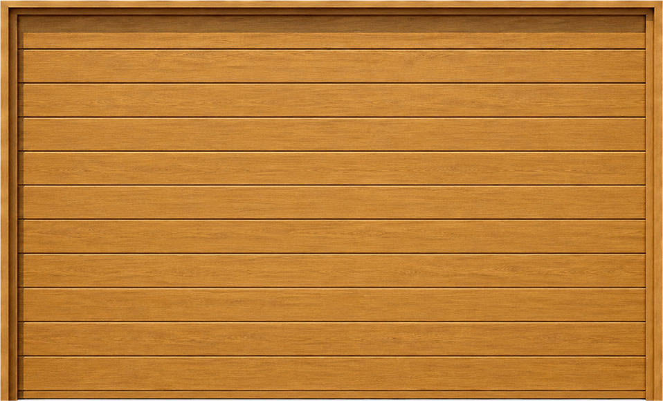 Panneau de porte de garage en bois clair avec lattes horizontales régulières.