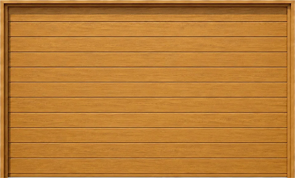 Panneau de porte de garage en bois clair avec lattes horizontales régulières.