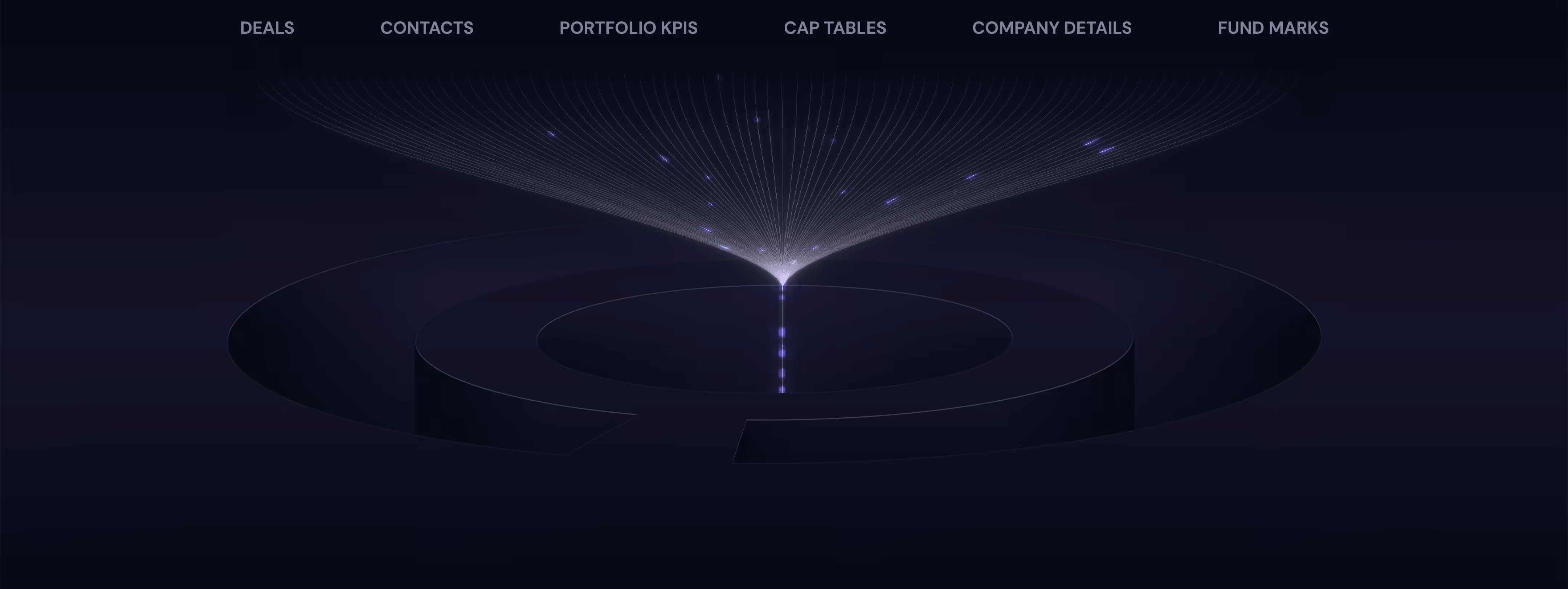 Dark abstract circular platform with glowing dots and lines radiating upward in a funnel shape.