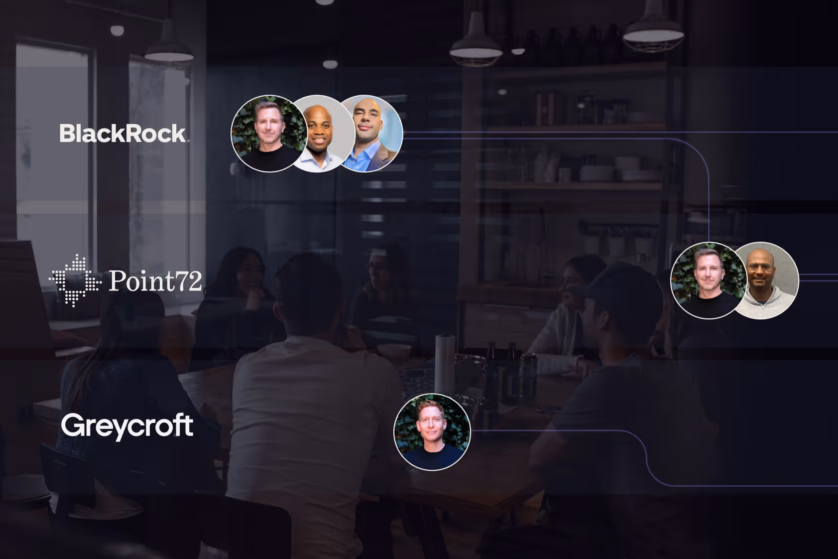 Dark office with six people seated at table and overlay of BlackRock, Point72, Greycroft logos with portraits.