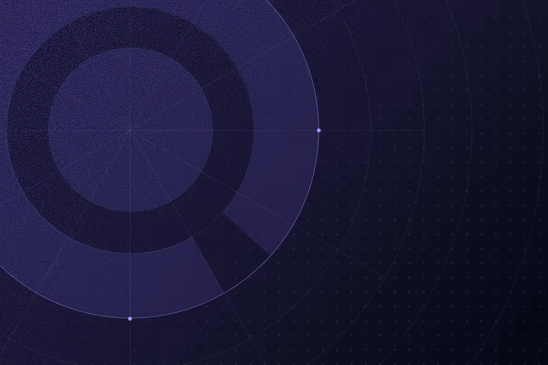 Dark blue circular radar-like graphic with concentric rings and radial lines on a black background.
