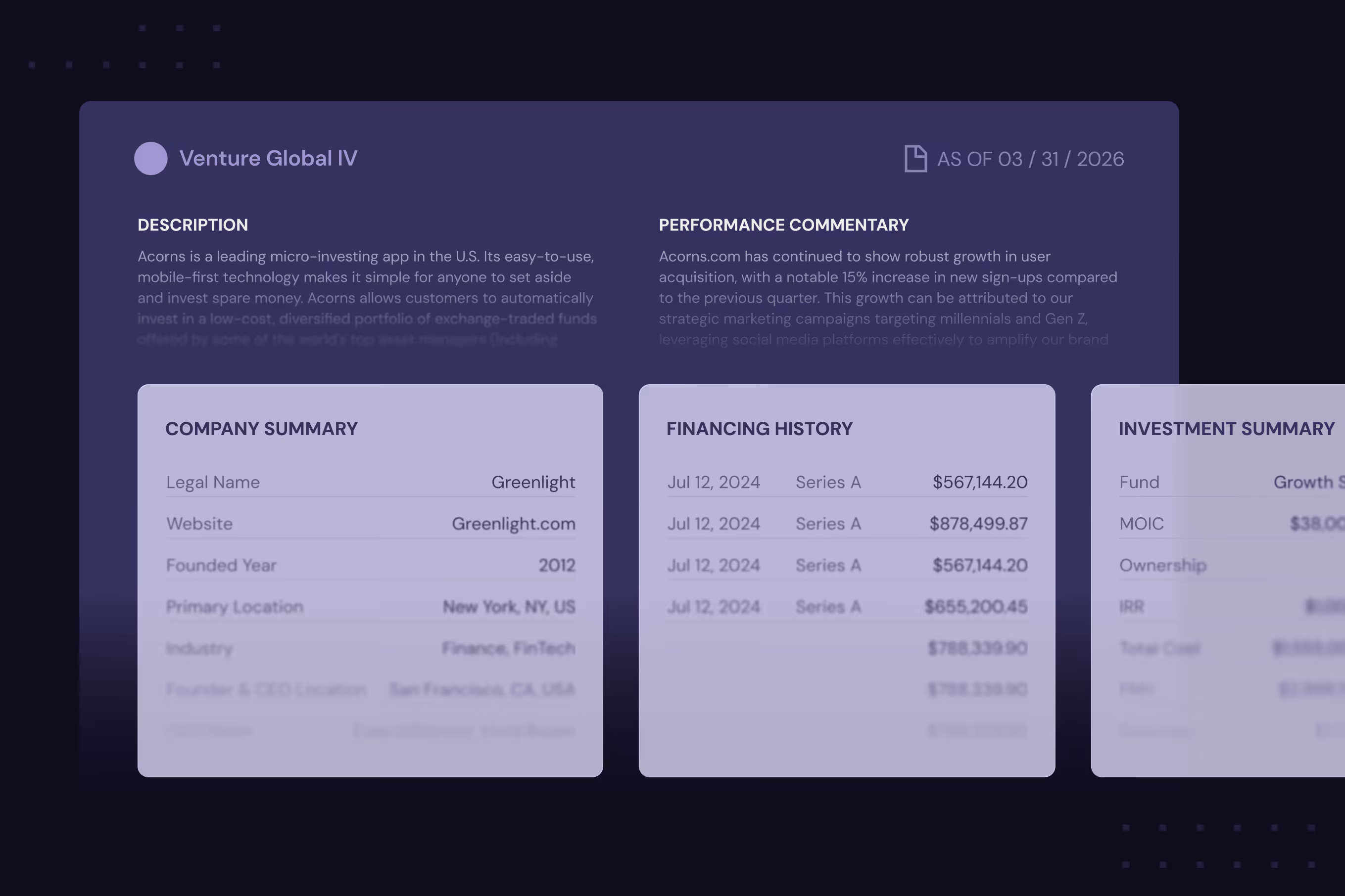 Venture Global IV report summary with company, financing history, and investment details as of March 31, 2026.
