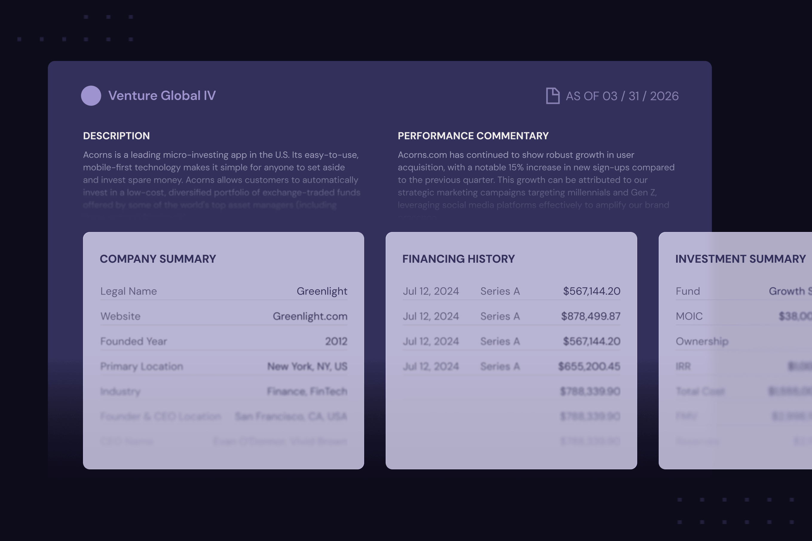 Venture Global IV report summary with company, financing history, and investment details as of March 31, 2026.