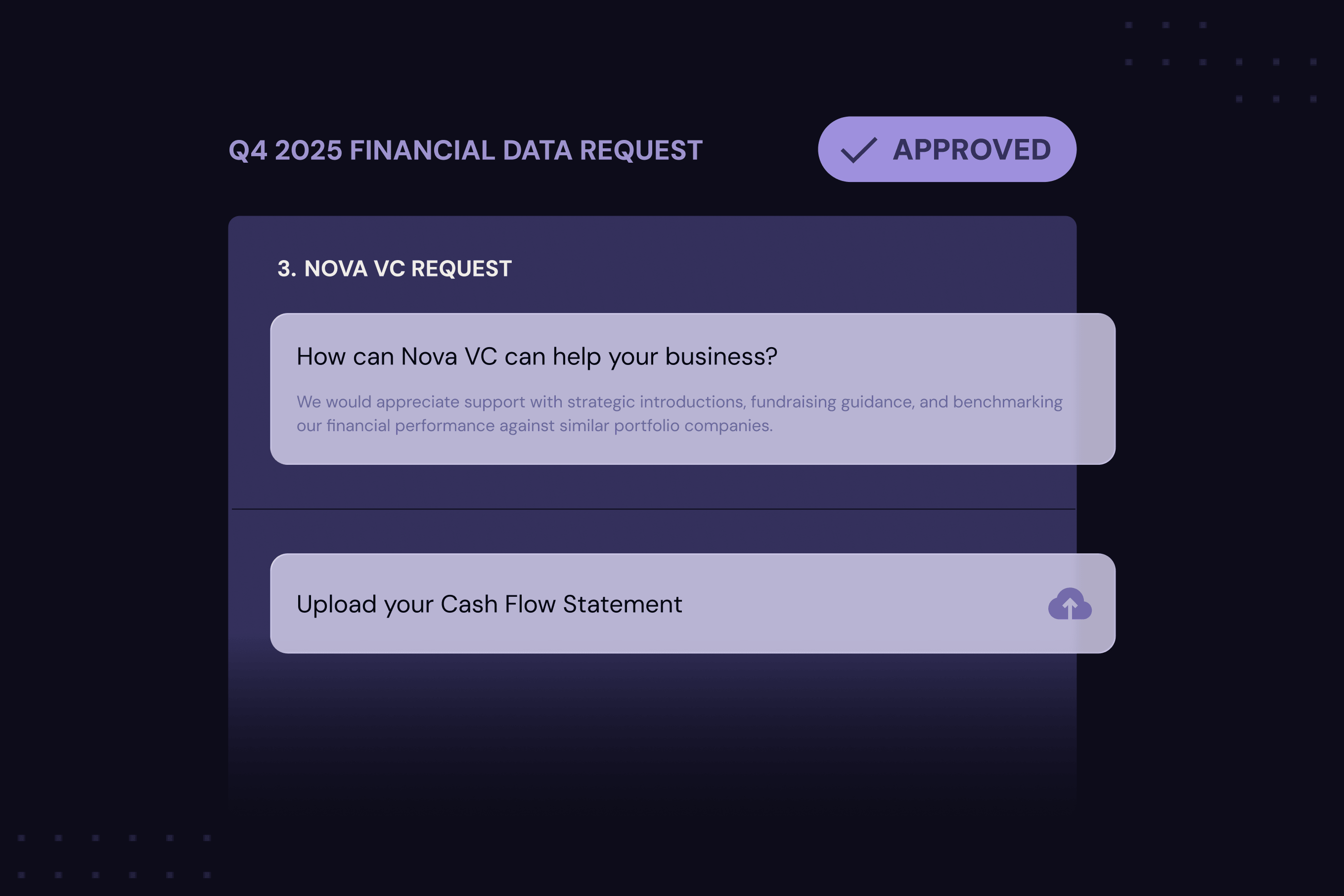Q4 2025 financial data request showing Nova VC support inquiry and cash flow statement upload option.