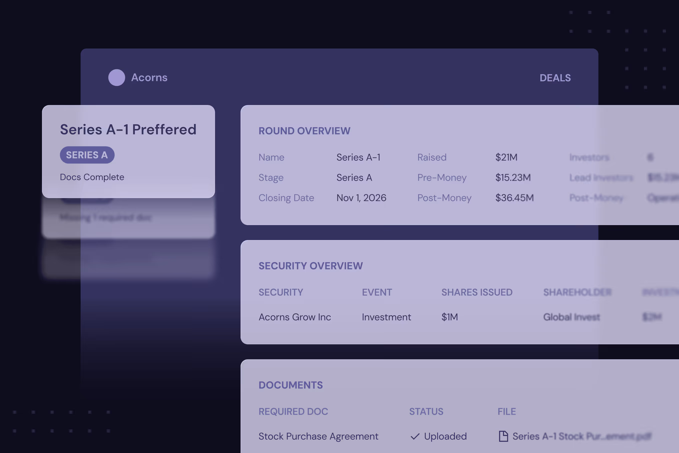 Dashboard showing Series A-1 Preferred round details with funding amounts, dates, and document status.