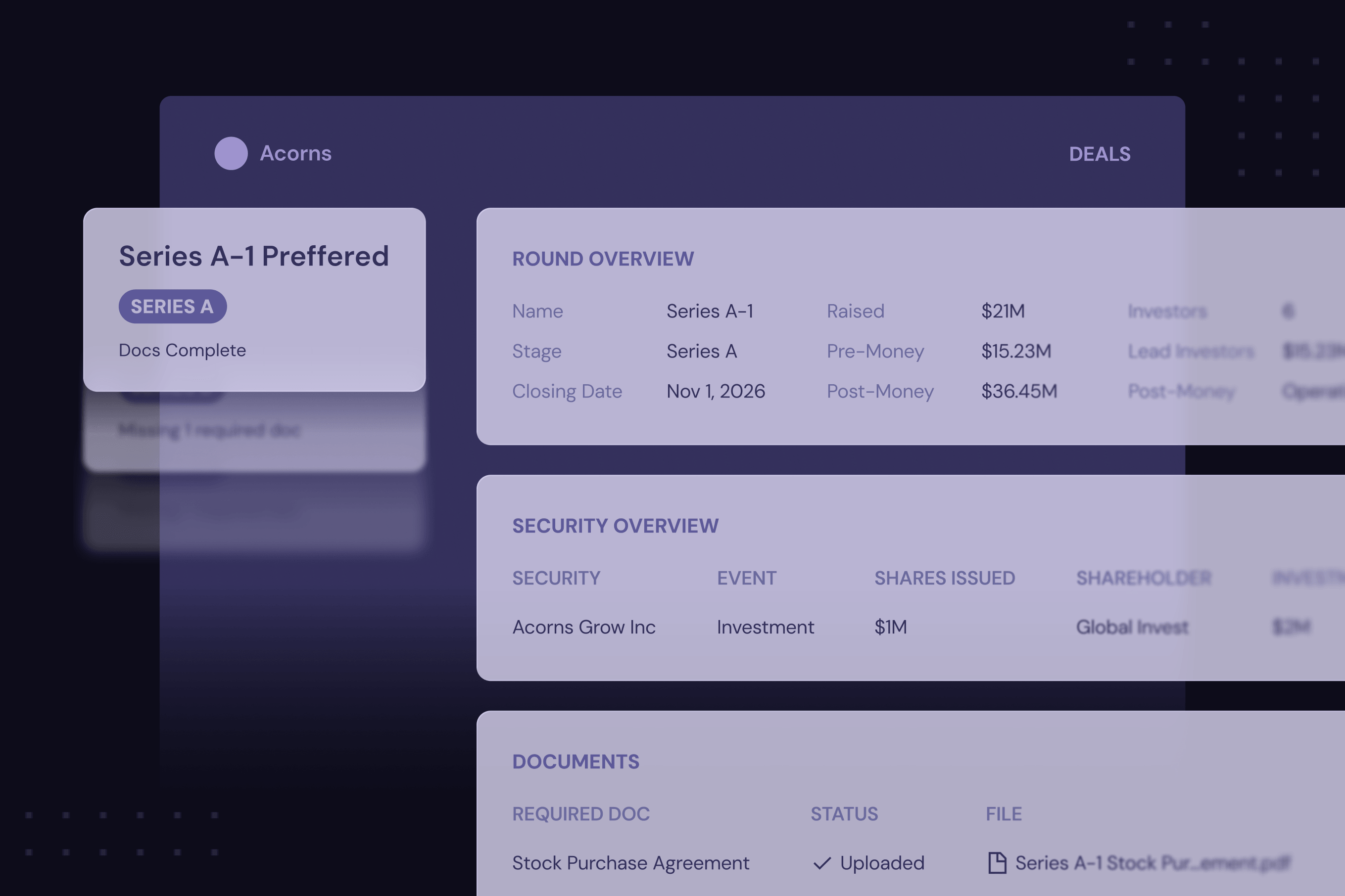 Dashboard showing Series A-1 Preferred round details with funding amounts, dates, and document status.
