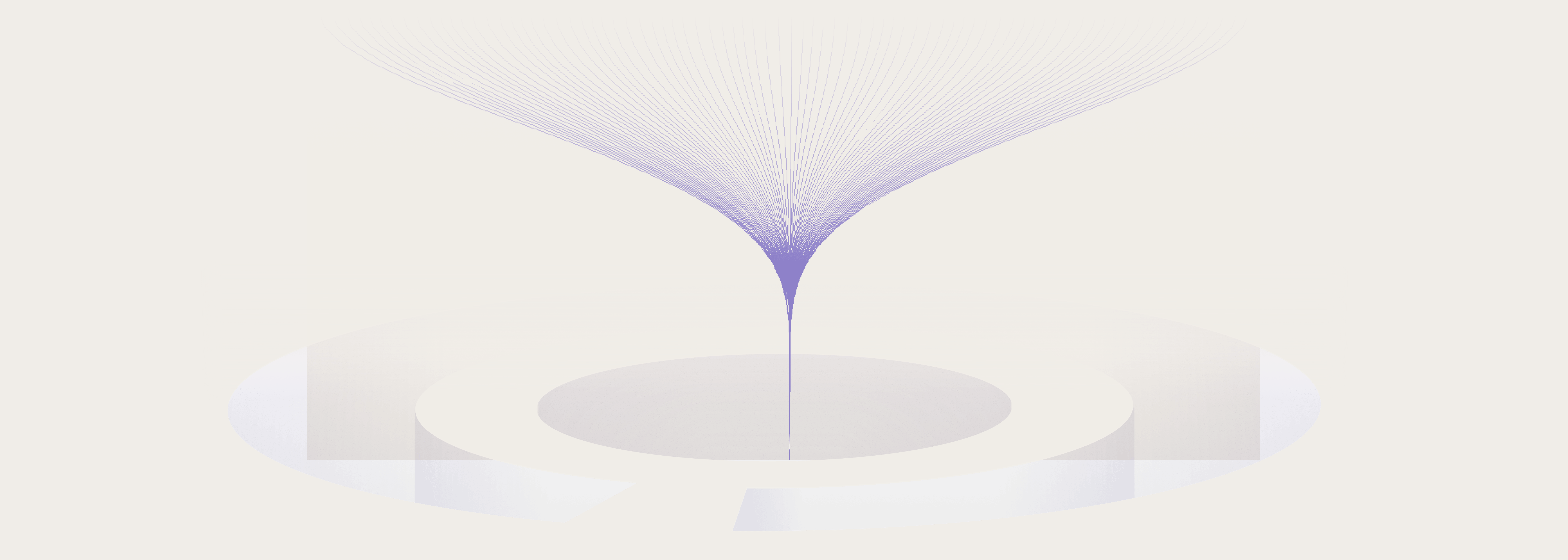 Abstract funnel-shaped graphic with purple lines converging into a white circular base with a gap.