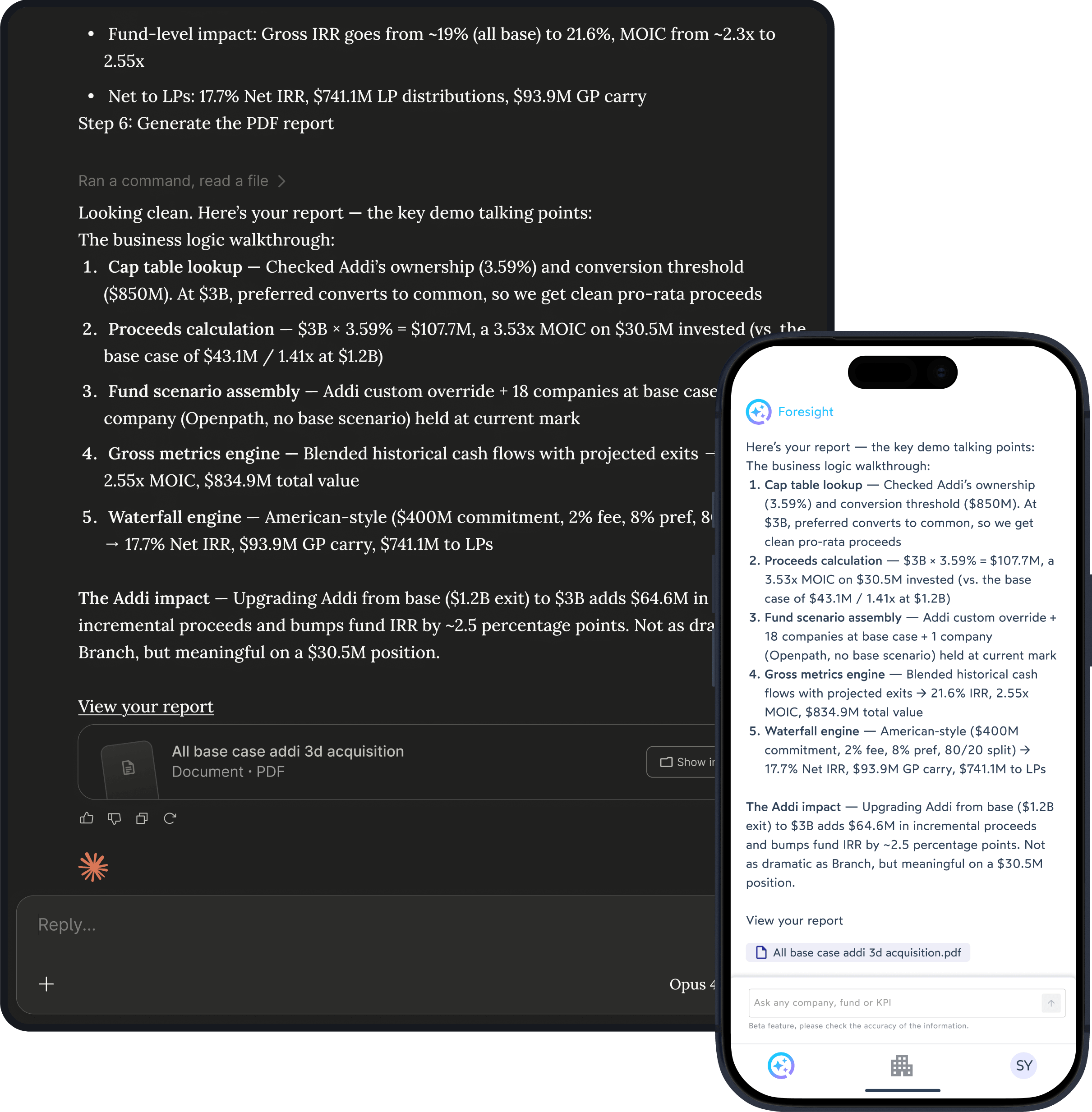 Foresight AI shown on desktop and mobile, displaying a conversational report with fund metrics and a downloadable PDF.