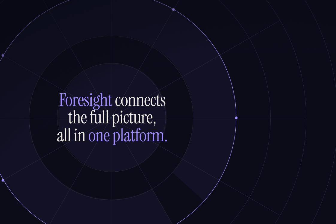 Dark radar-style graphic with concentric rings and the text "Foresight connects the full picture, all in one platform."