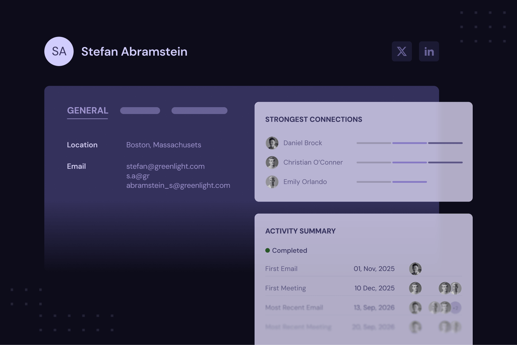 CRM relationship view for Stefan Abramstein of Greenlight (Boston, Massachusetts), showing his contact details, Strongest Connections (Daniel Brock, Christian O'Conner, Emily Orlando), and an Activity Summary logging first and most recent email and meeting dates.