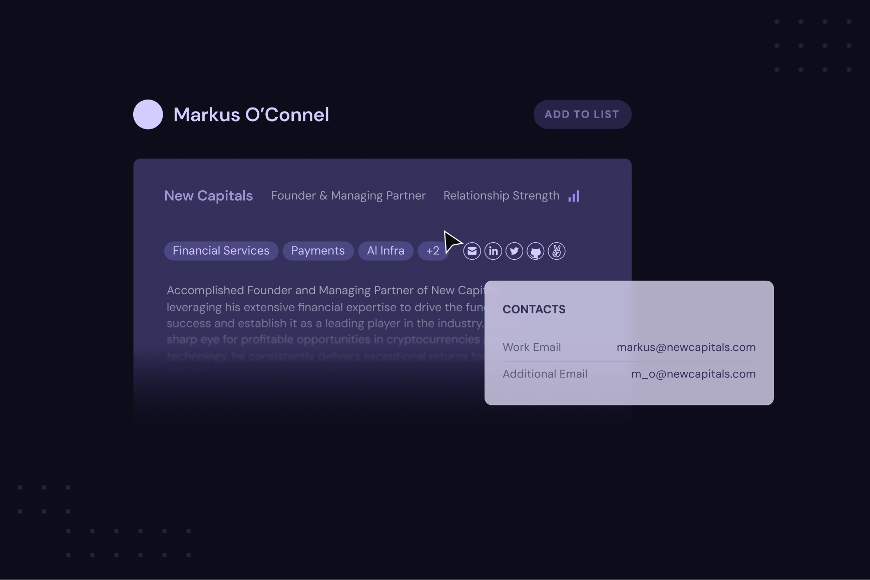 Contact profile for Markus O'Connel, Founder & Managing Partner at New Capitals, tagged Financial Services, Payments, and AI Infra, with a relationship-strength indicator, a bio summary, and a Contacts card listing his work and additional email addresses.