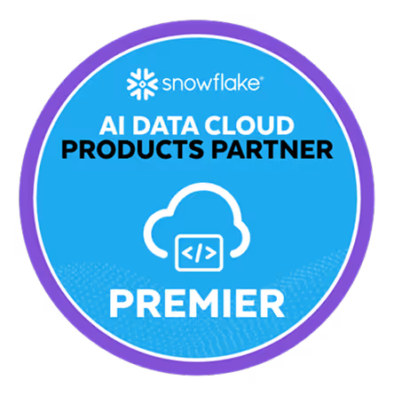 Snowflake AI Data Cloud Products Partner Premier badge with cloud and code icon on a blue background with purple border.