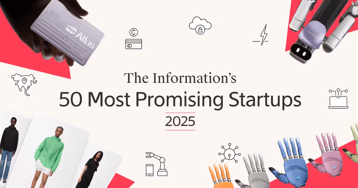 Graphic highlighting 'The Information’s 50 Most Promising Startups 2025' with images of a hand holding an Atlas card, diverse models, robotic hands, and technology icons.