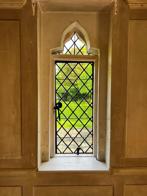 testing Interior view of leaded glass and metal window frames in Hampshire.