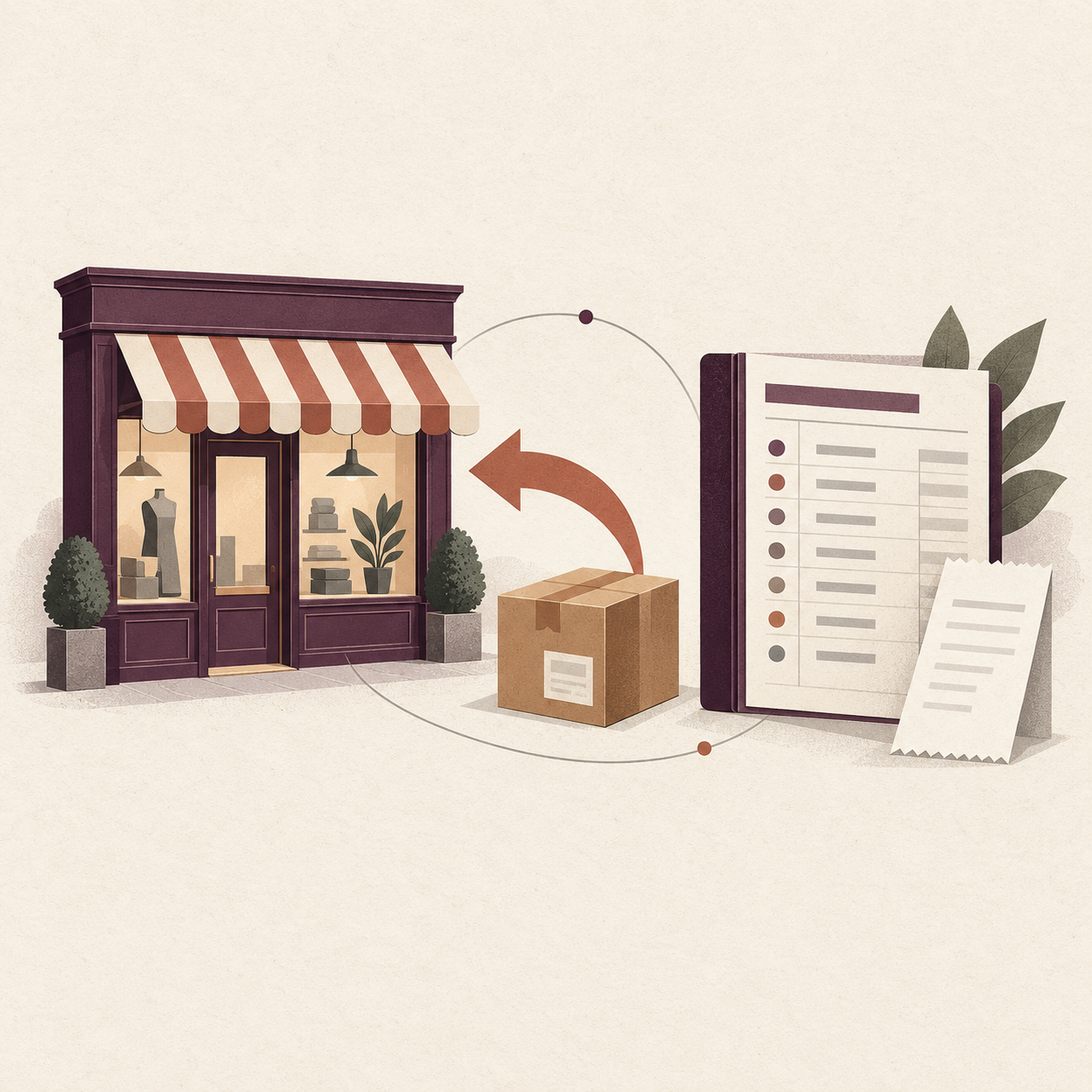 Illustration of a shop beside a returned parcel and a separate credit ledger.