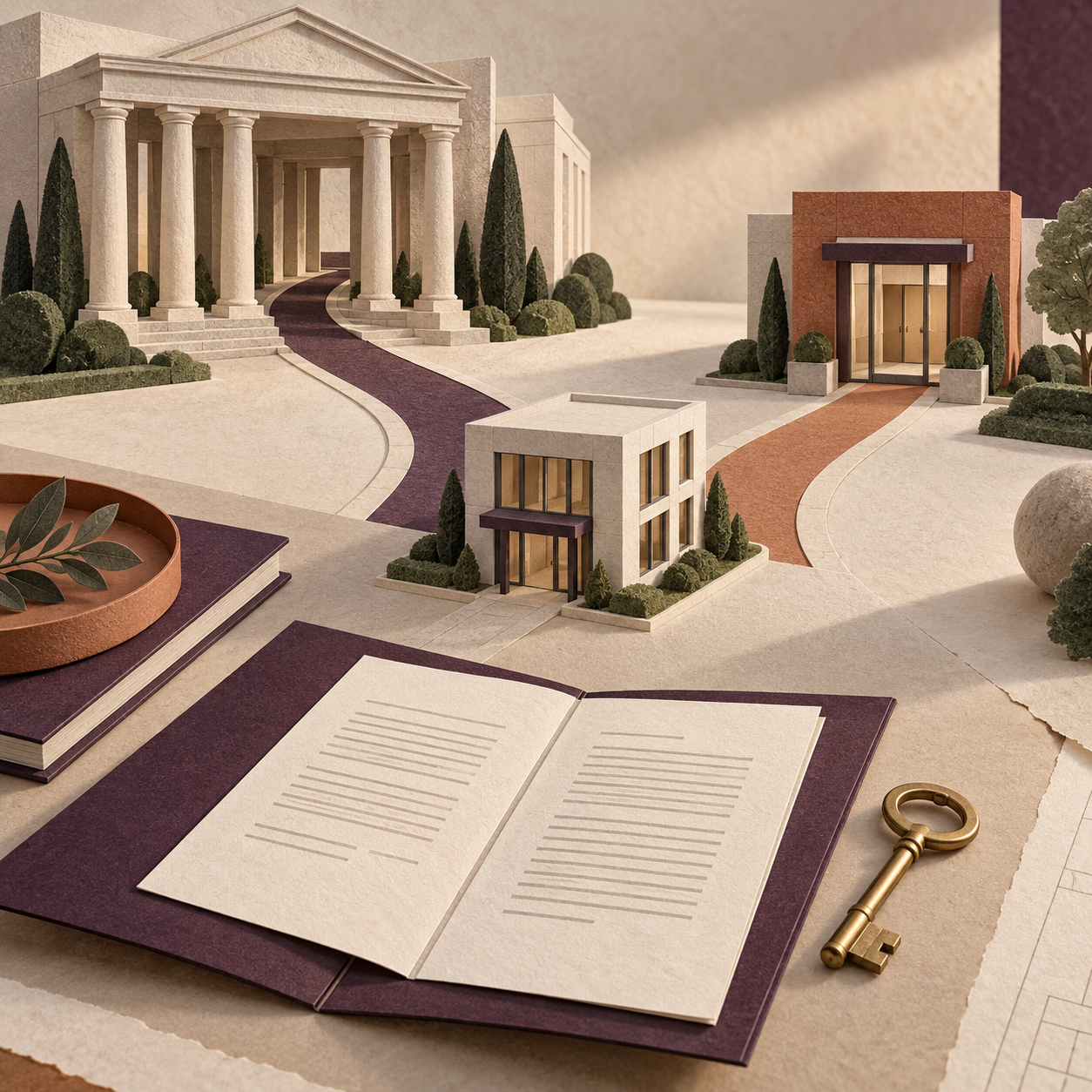 Illustration of a business choosing between two architectural routes, with an agreement and key in the foreground.
