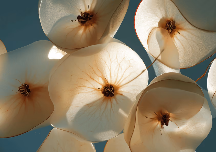 Close-up of translucent, round white seed pods with visible veins and brown centers against blue sky.