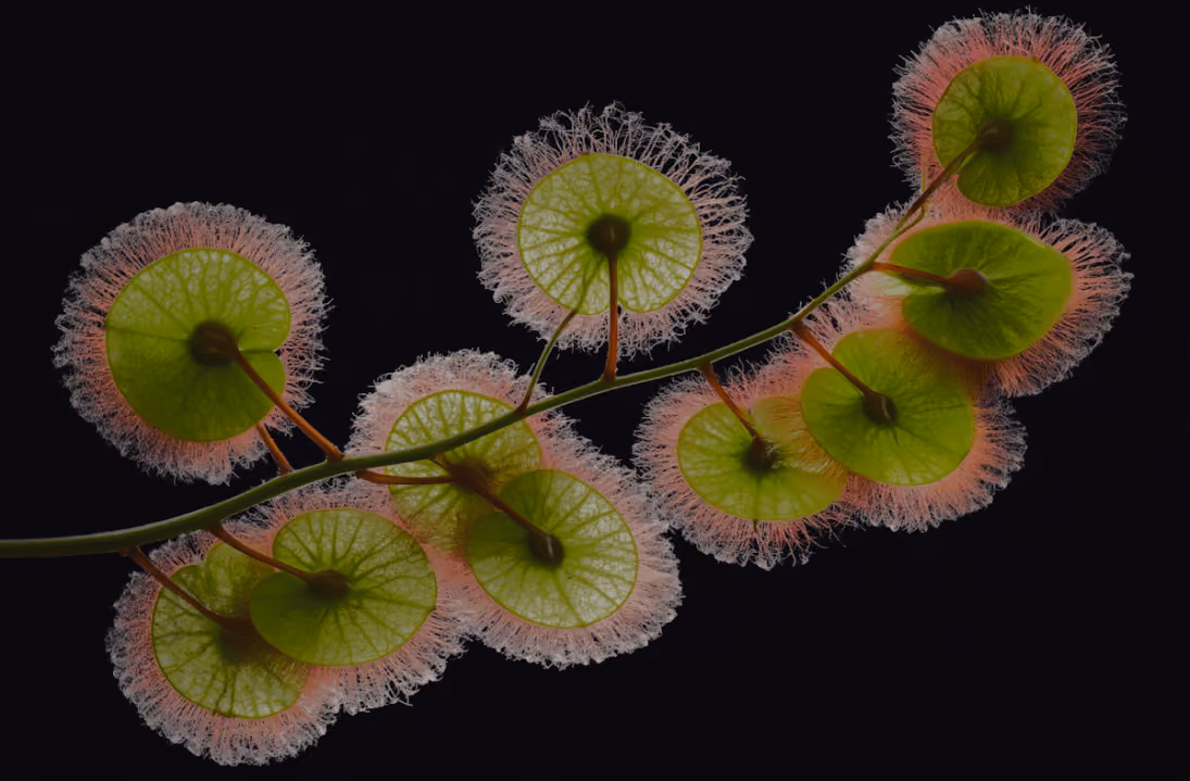 Green disc-shaped leaves with pink fuzzy edges on a thin branch against a black background.