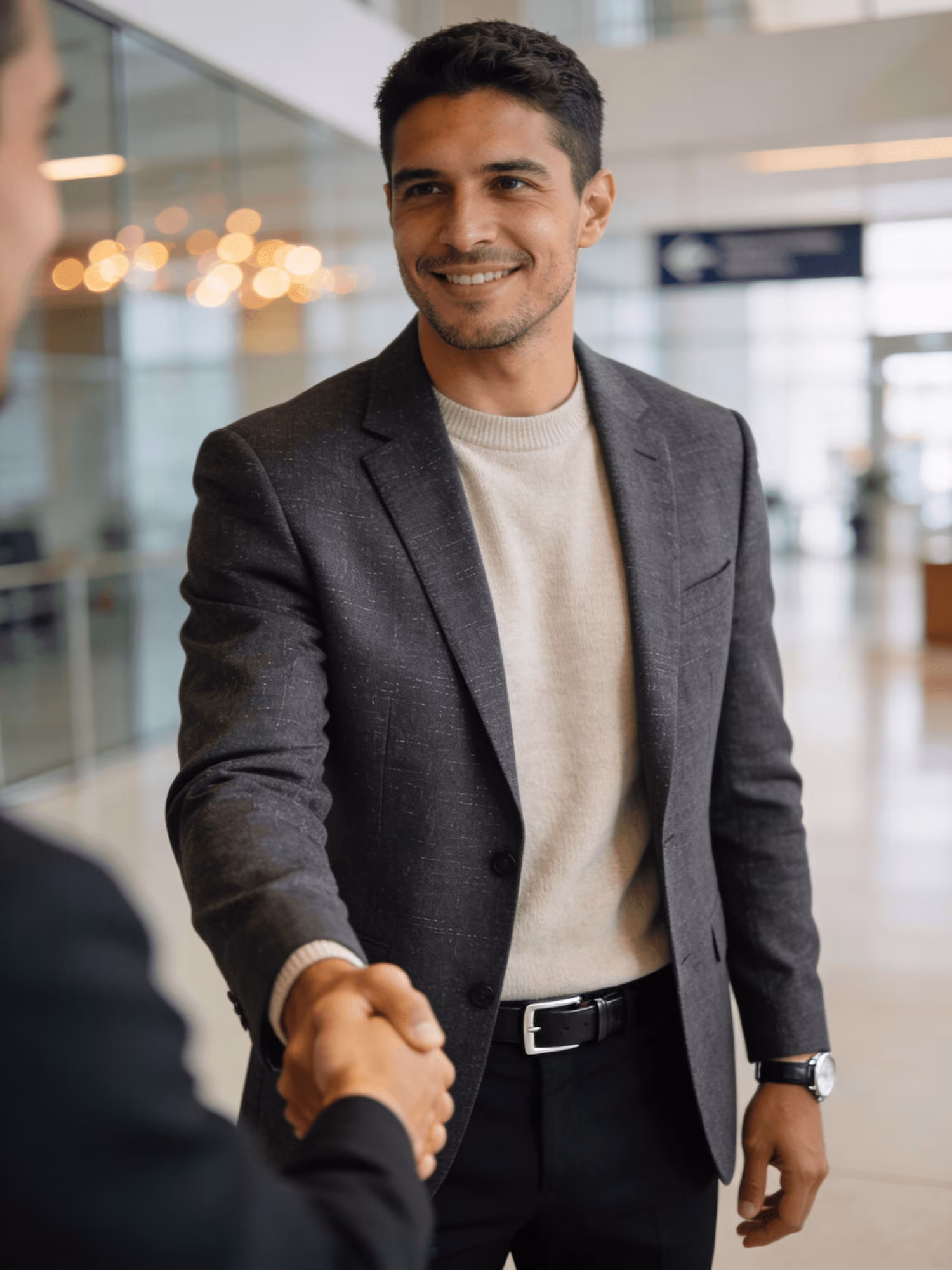 Man in gray blazer and beige sweater shaking hands with another person indoors.