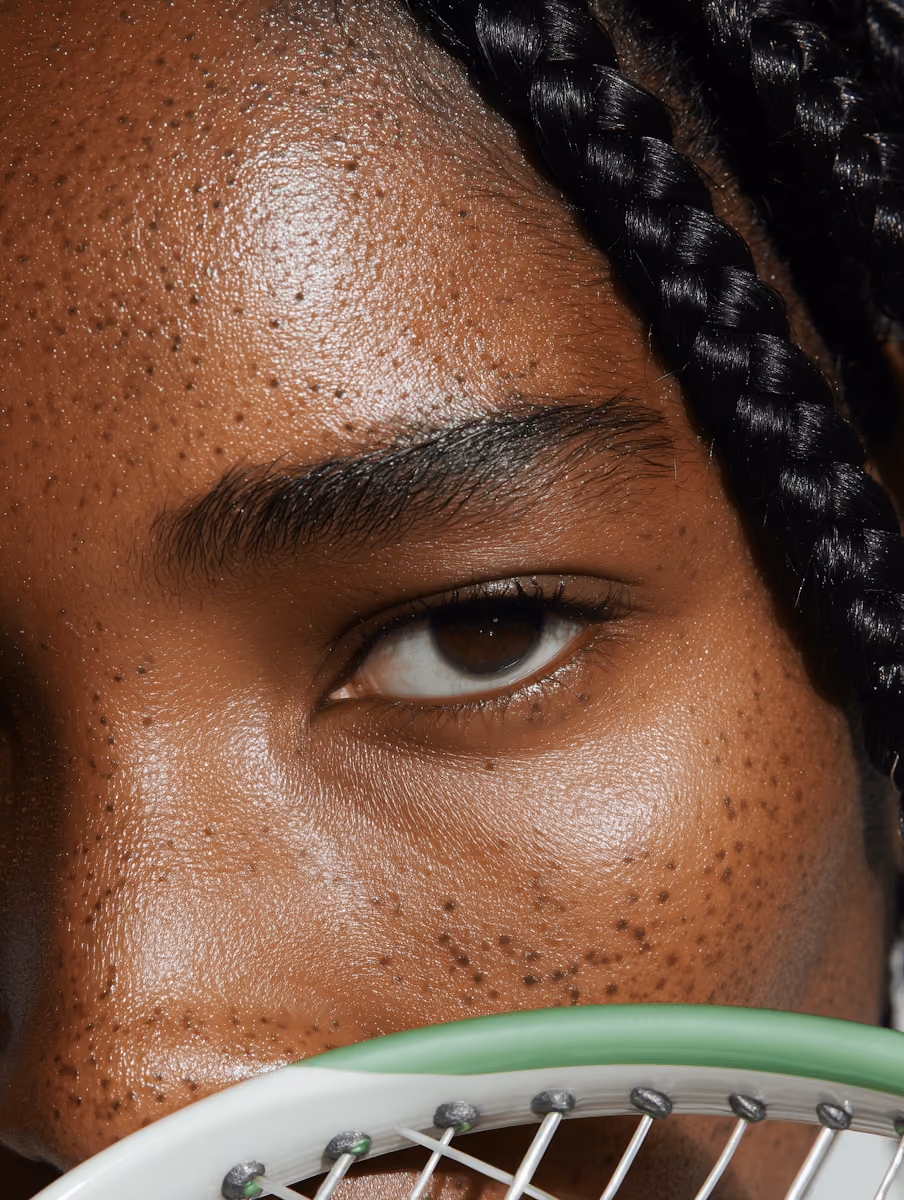 Close-up of a person with braided hair, brown eye, and freckles, partially obscured by a tennis racket.