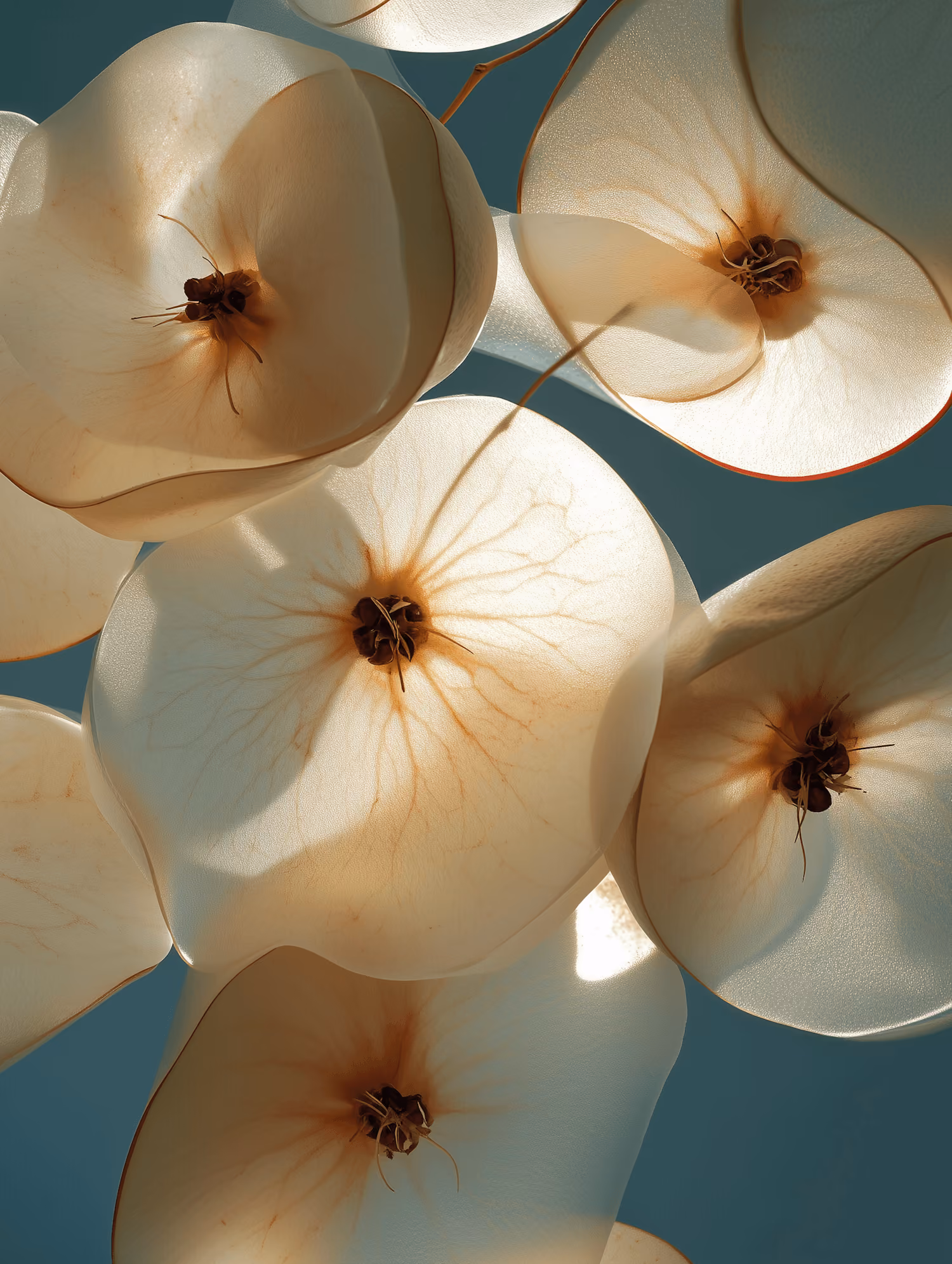Close-up of translucent white flowers with visible veins and dark centers against a clear blue sky.