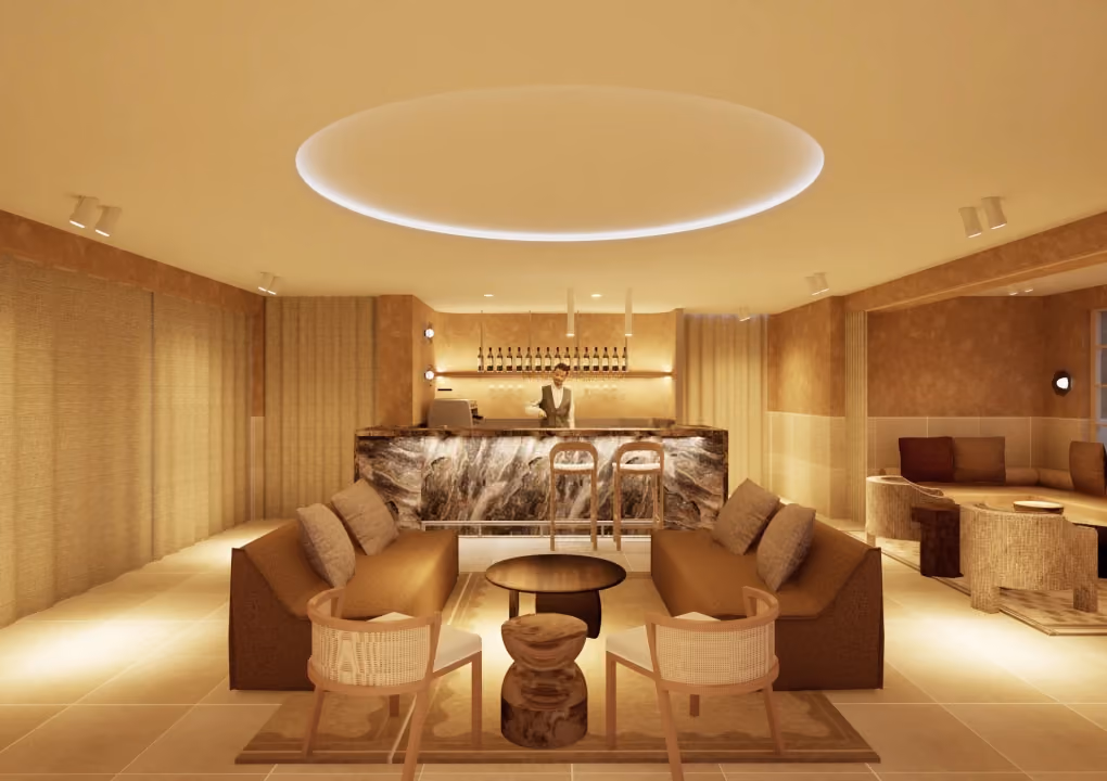 The VELA dining room, with banquette seating and a curved light feature