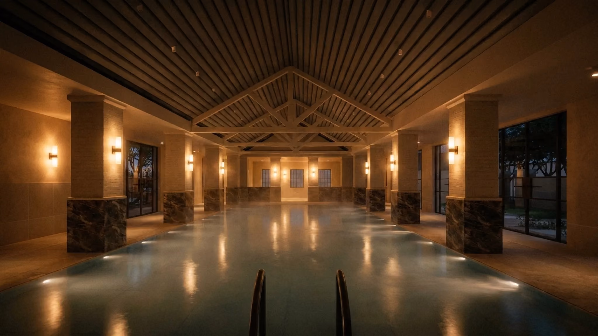 The darkened bathhouse pool hall at VELA, lit along the water's edge
