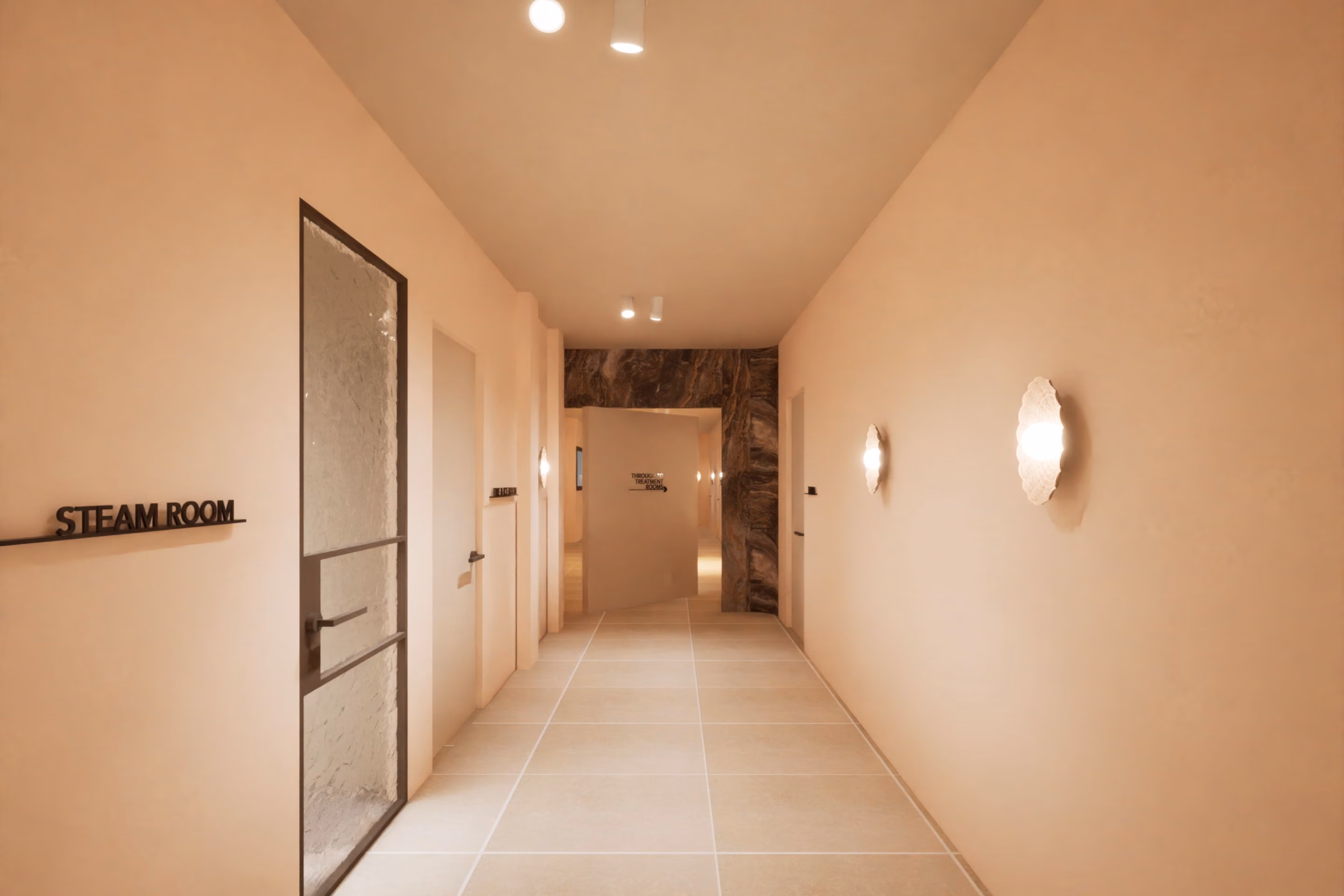 The corridor of private bathhouse suites at VELA Spa & Bathhouse
