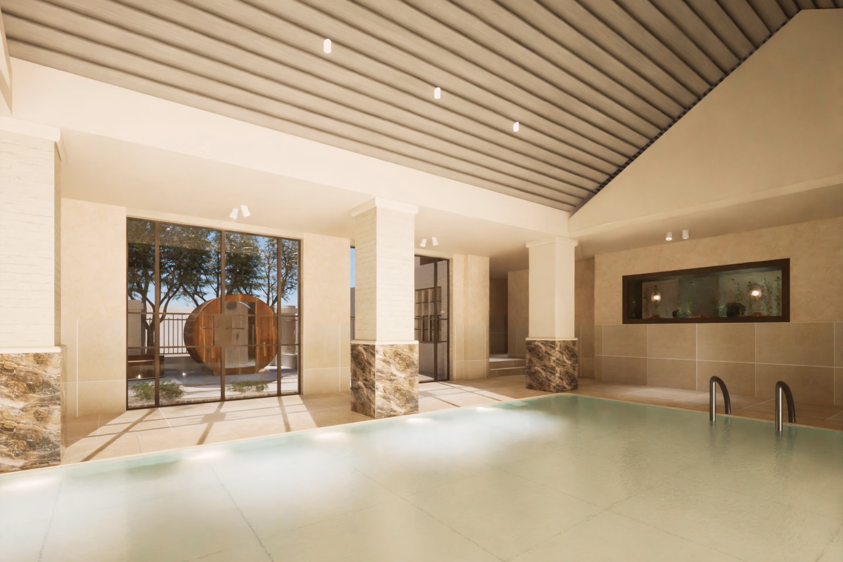 The indoor heated mineral pool at VELA, with garden views through full height windows