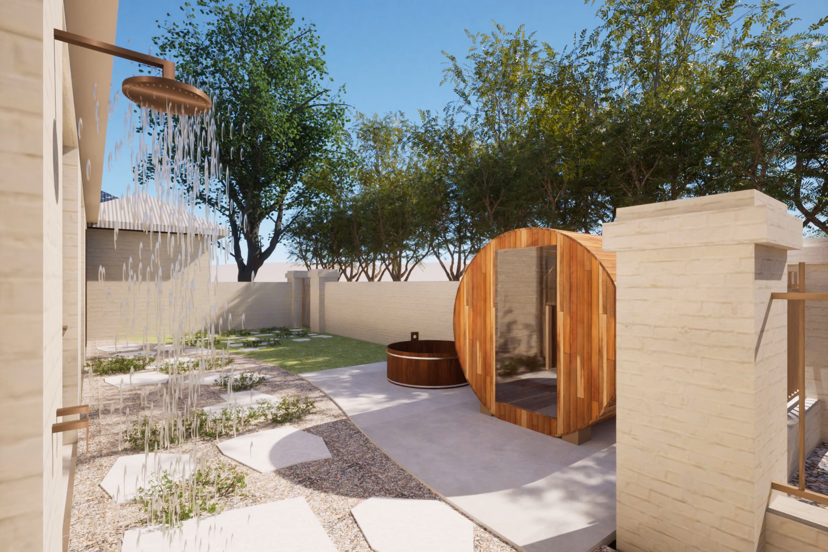 An outdoor cedar sauna in the courtyard at VELA Spa & Bathhouse