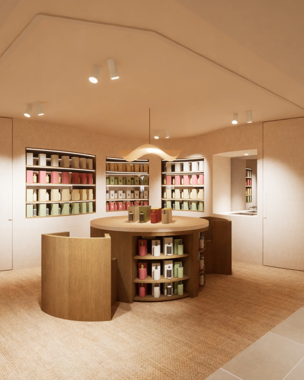 The VELA retail space, with curved timber shelving of skincare products under a vaulted ceiling