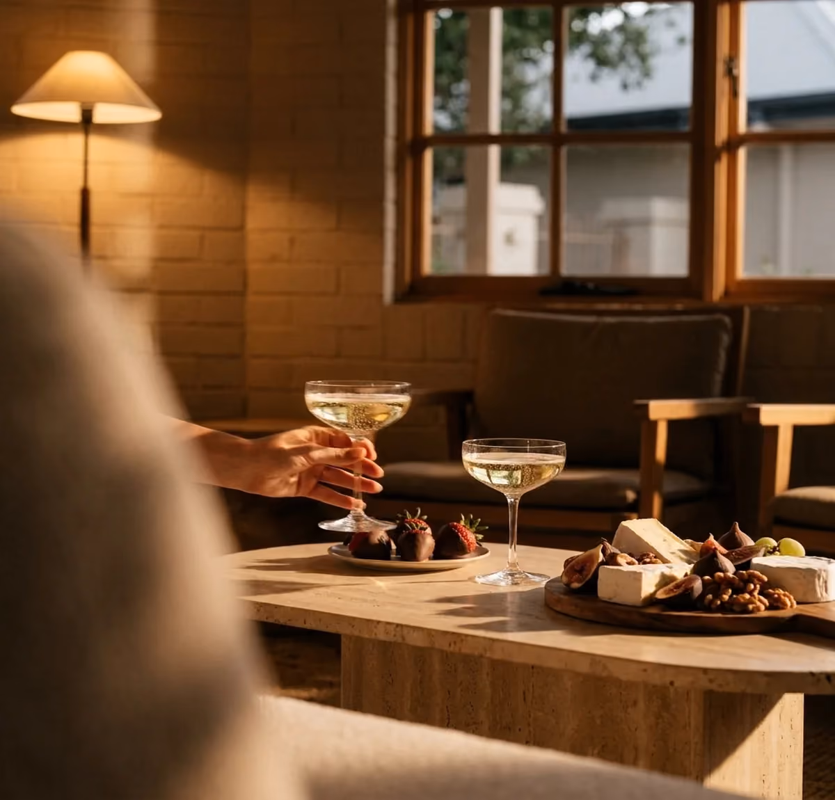 Champagne coupes set out for a private celebration at VELA