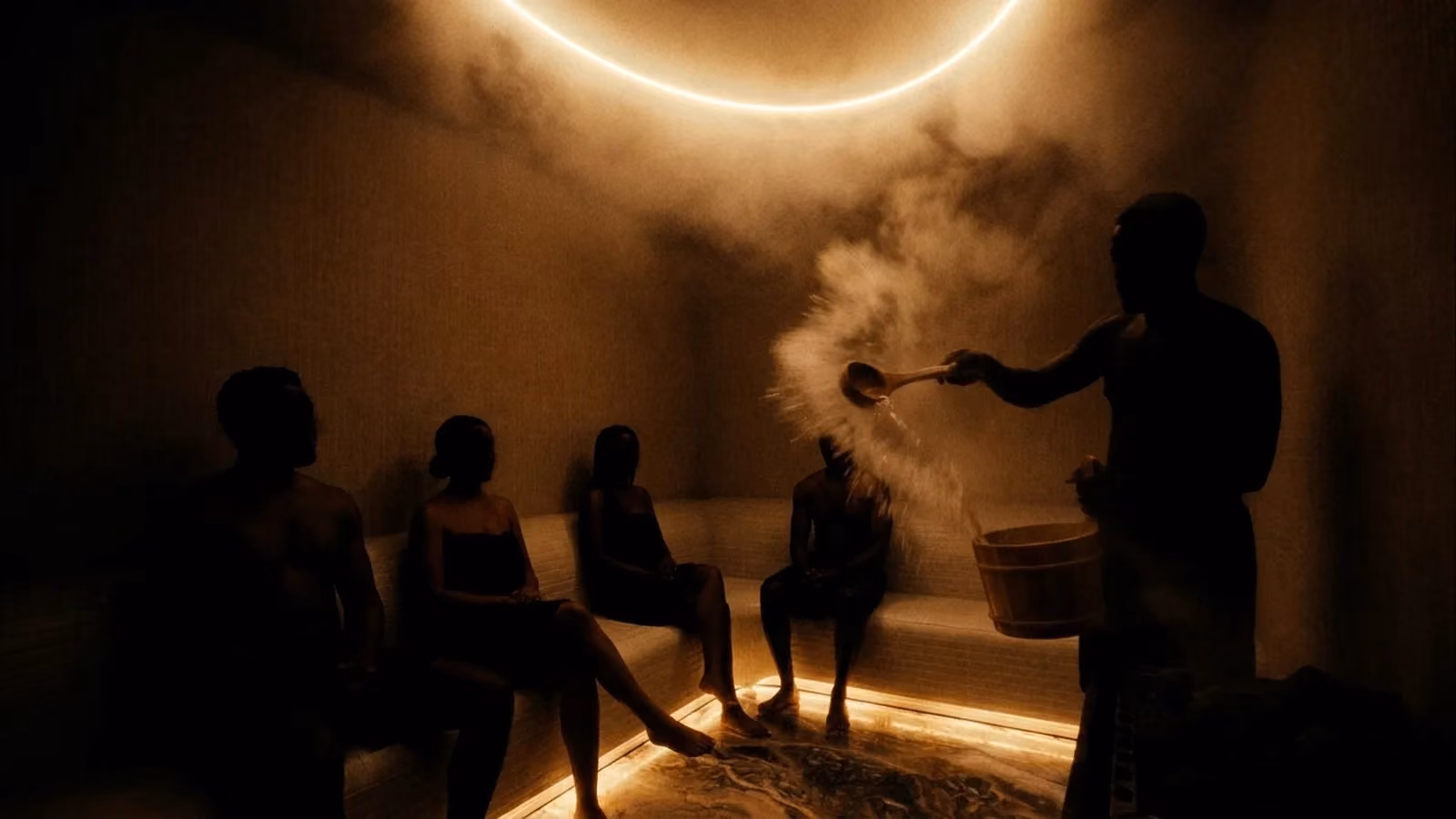 A group seated together in the VELA sauna in silhouette as water is poured over the stones