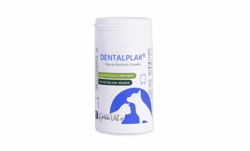 Pot de Dentalplak pour hygiène bucco-dentaire des chats et chiens, 50g avec dosette.