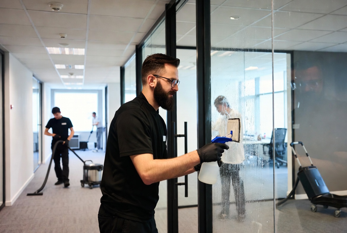 Reinigungsfachkraft wischt Fensterscheibe in einem Büro - Fleckenfahndung