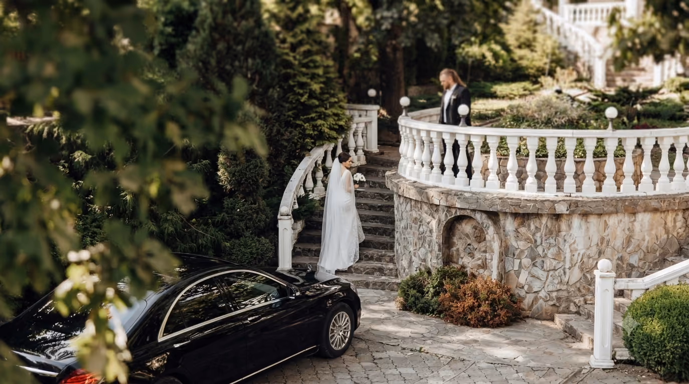 Black sedan parked beside a stone garden terrace as a bride stands on the steps