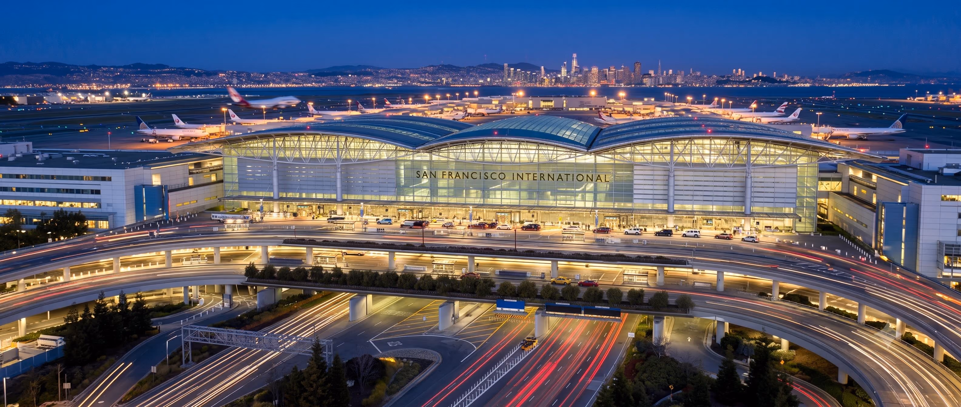San Francisco International Airport terminal exterior at the departures level