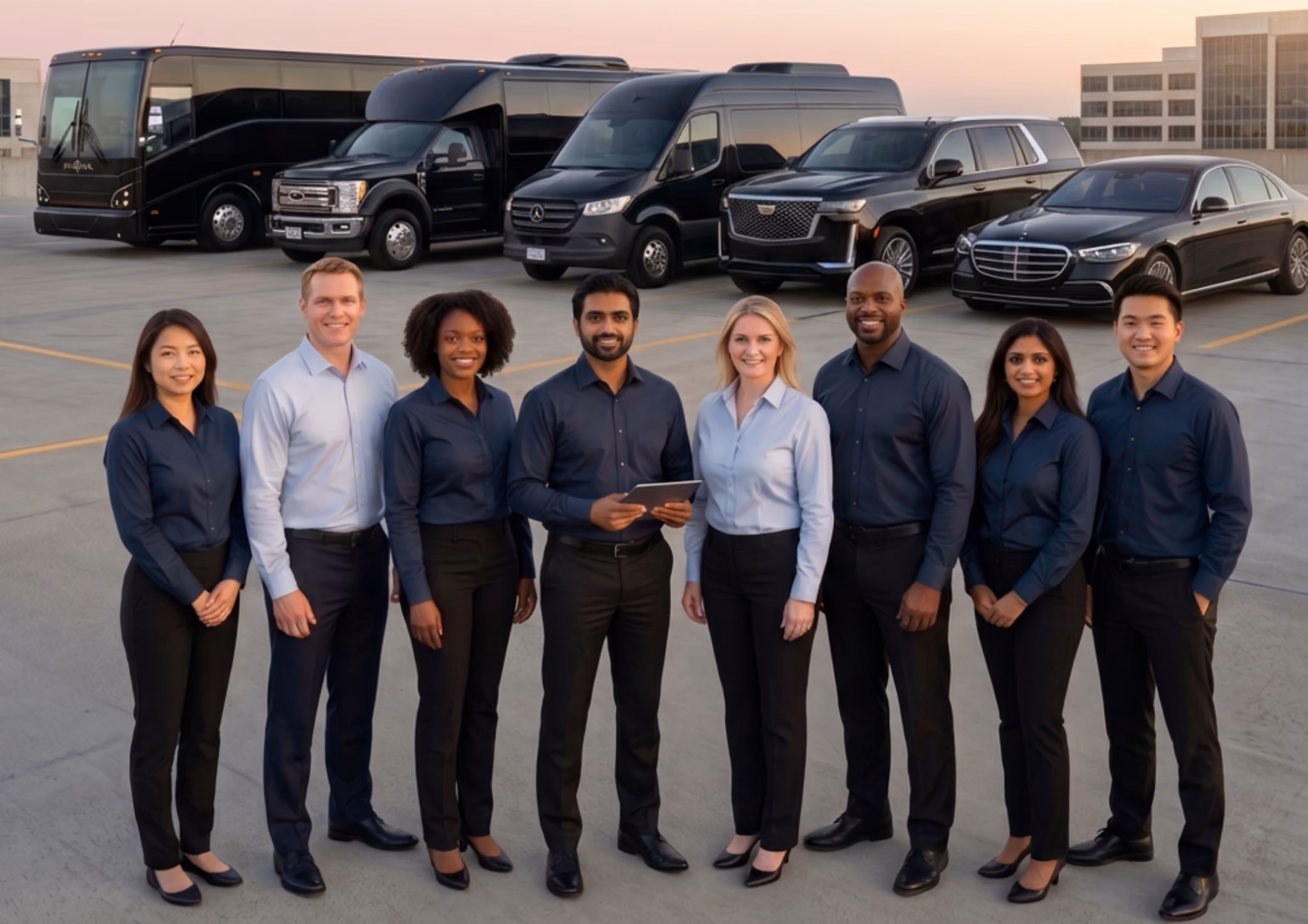 SF Black Car chauffeur team of nine professionally dressed drivers standing in front of the fleet of black sedans, SUVs, Sprinter vans, and coach buses at sunset