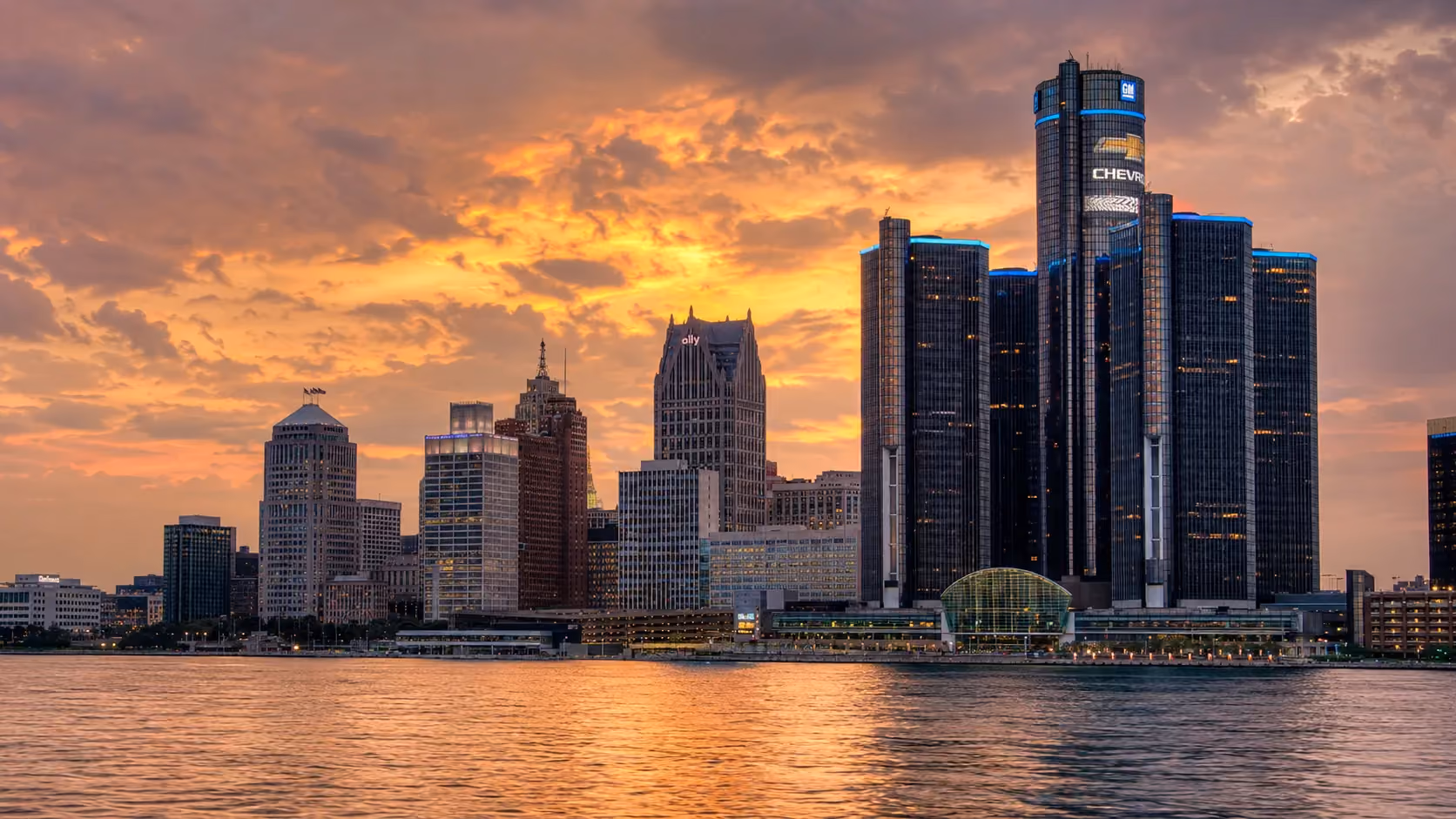 Detroit downtown skyline along the river