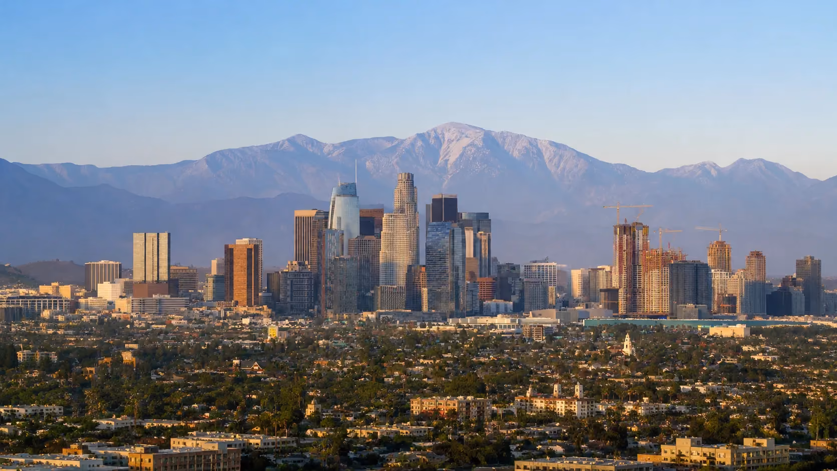 Los Angeles skyline with palm trees