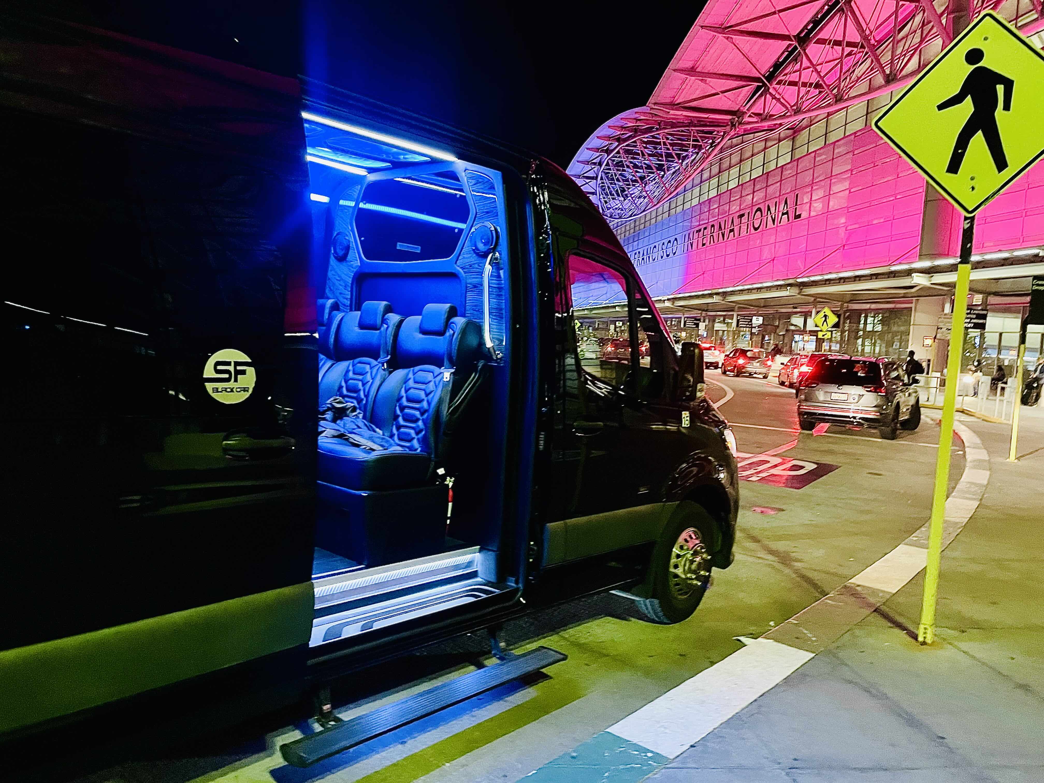 Mercedes-Benz Sprinter van curbside pickup at San Francisco International Airport