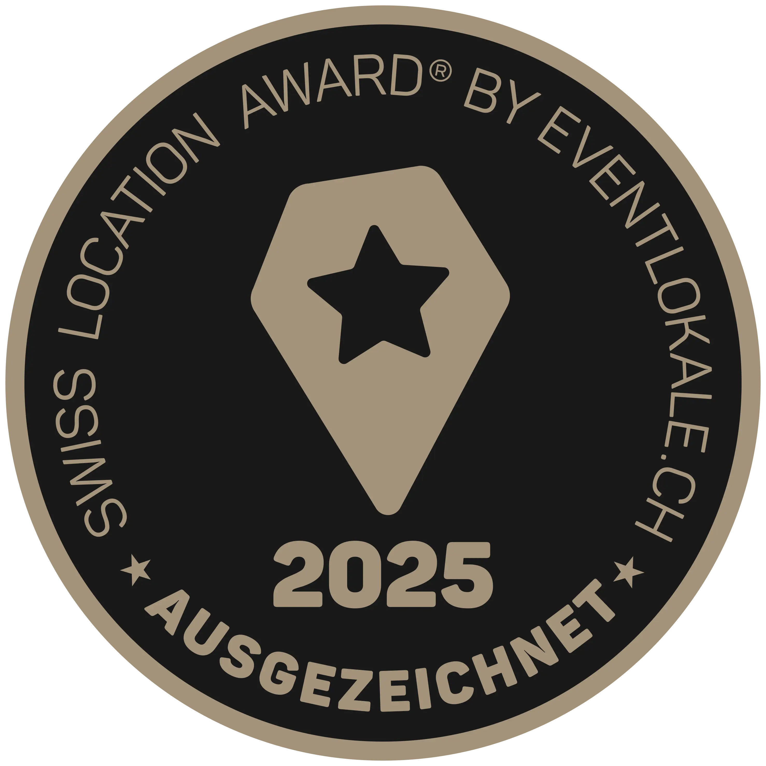 Round badge with a location pin and star, labeled 'Swiss Location Award by Eventlokale.ch 2025 Ausgezeichnet'.