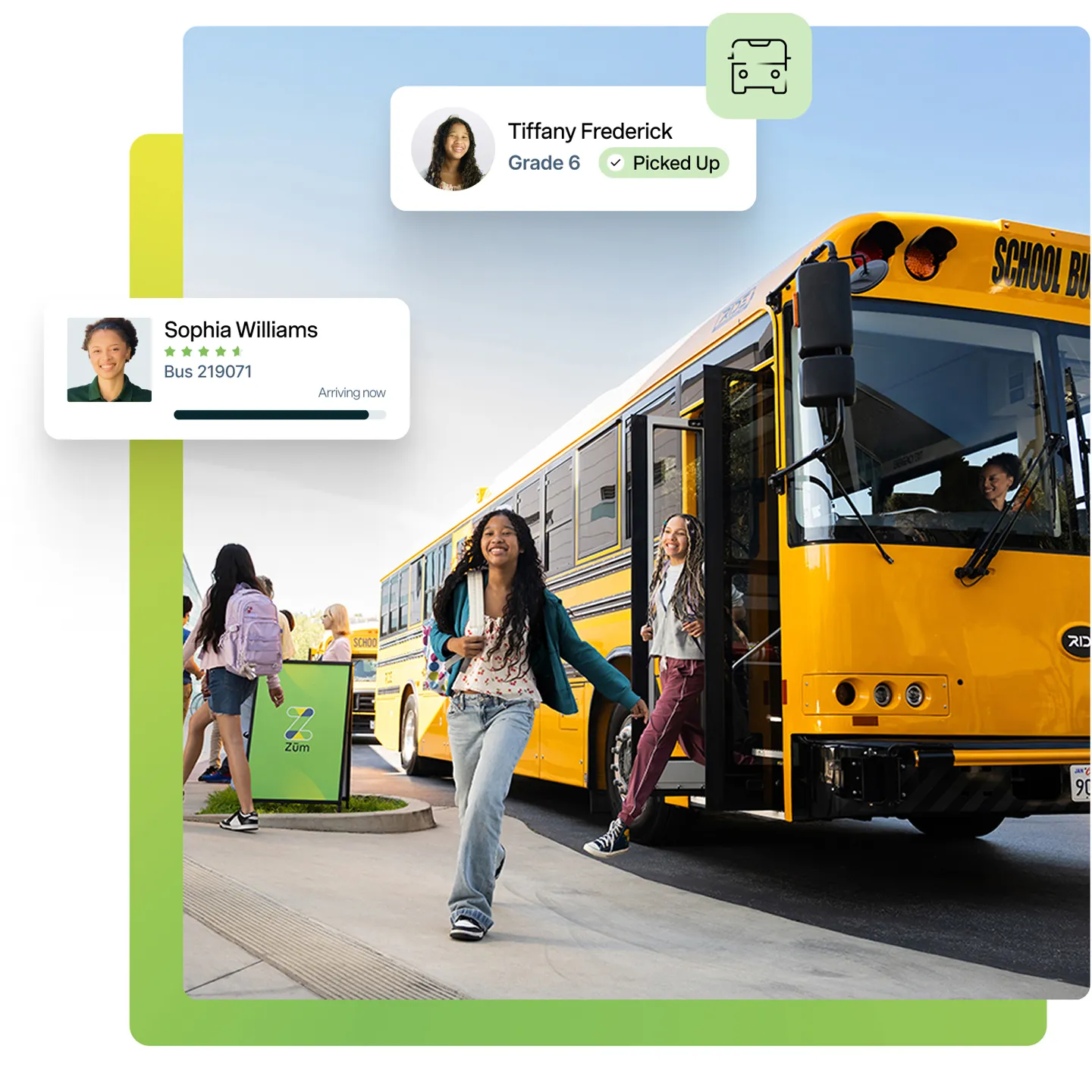 Students exiting a school bus, with tracking app details and bus info displayed.