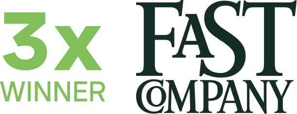 Text indicating "3x Winner" and "Fast Company" logo, showcasing recognition or award status.
