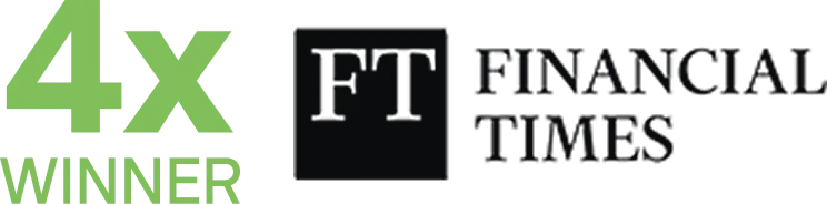 Green "4x Winner" text alongside "FT" and "Financial Times" logo, indicating award recognition.