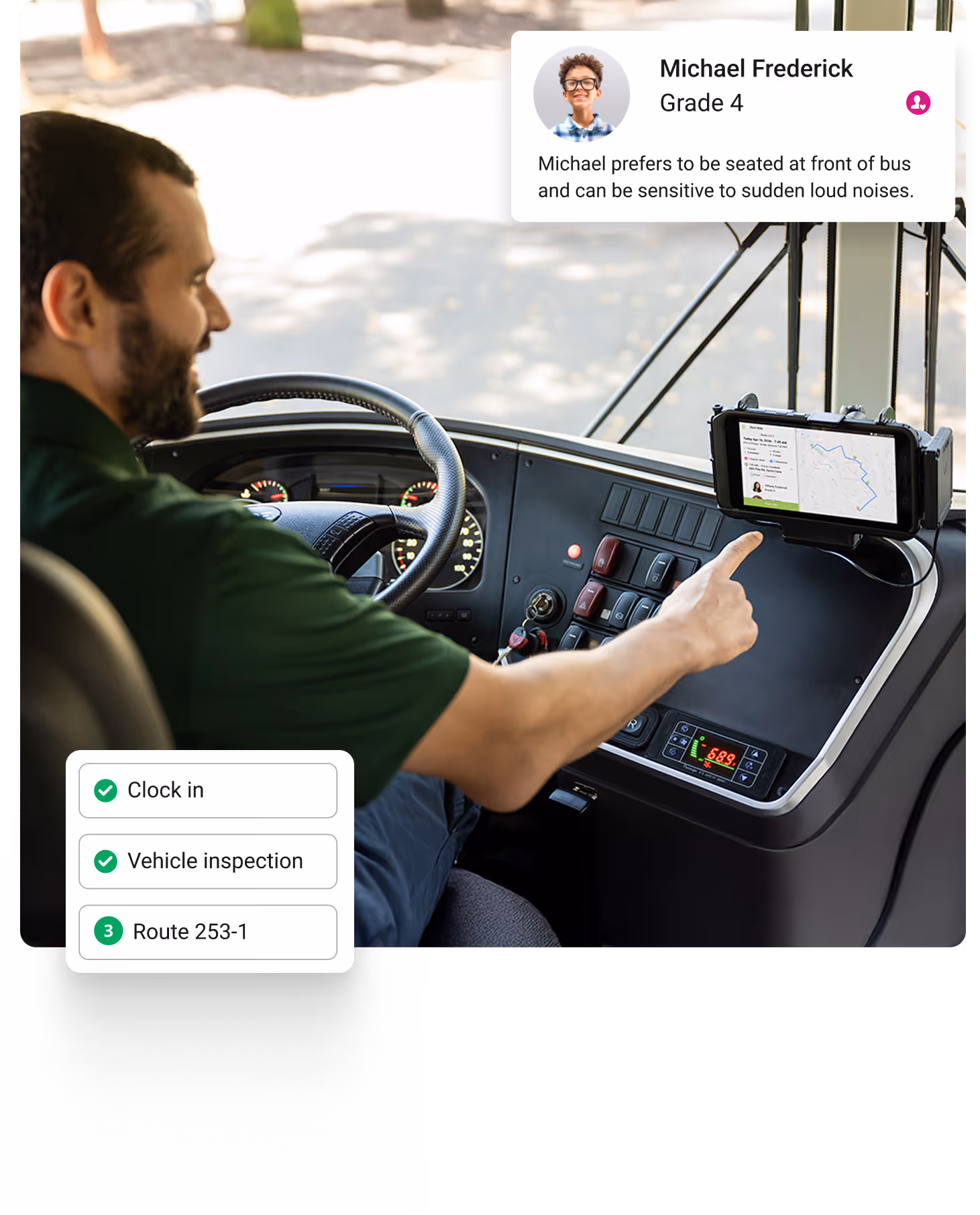 Bus driver in cockpit using tablet for navigation. Dashboard displays route information.