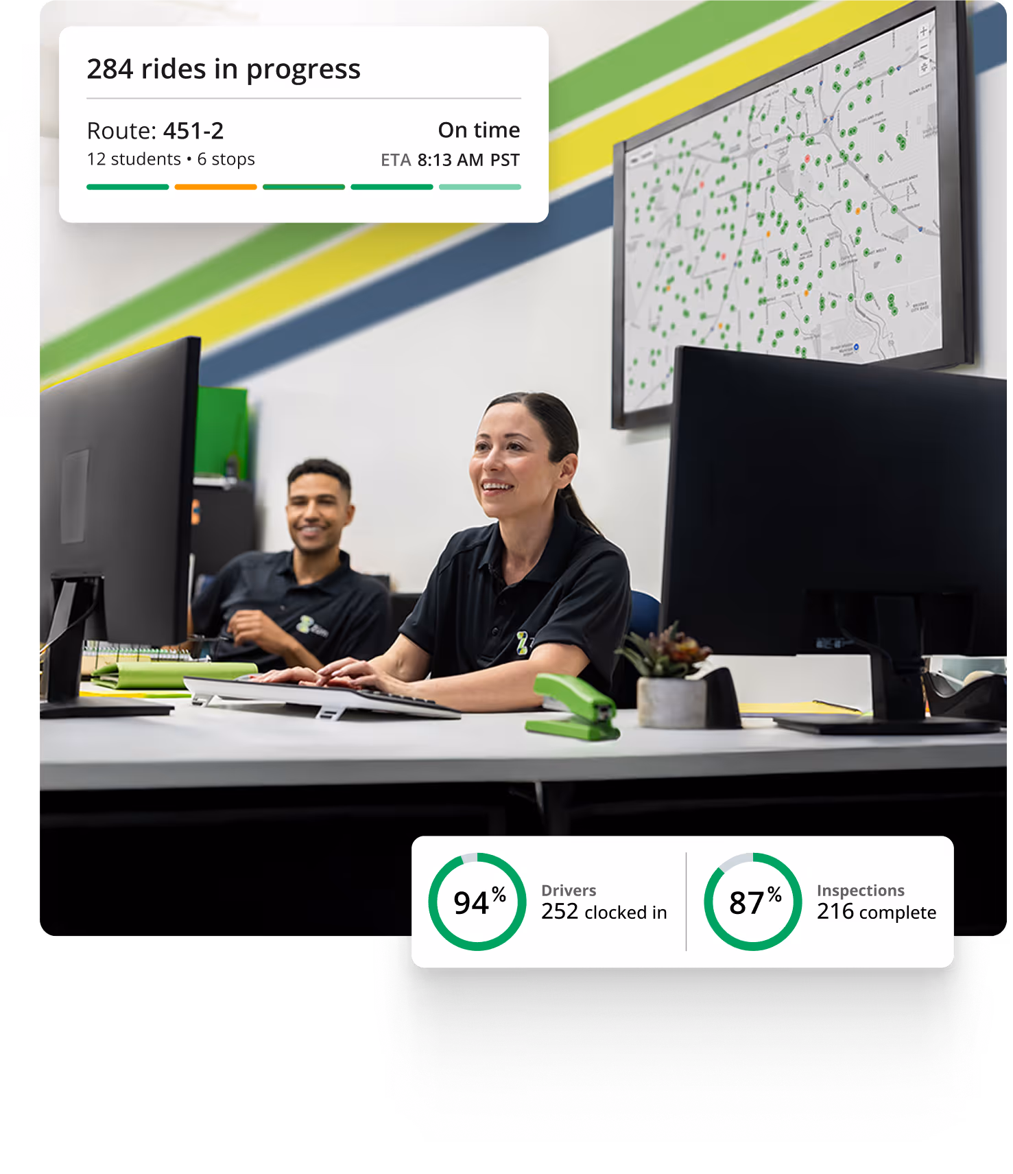Two staff members at desks using dashboards to monitor school transportation operations.