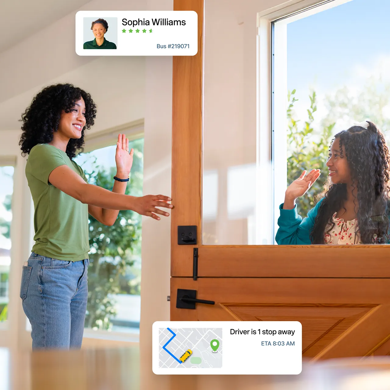 A parent waving to her child at the front door, with driver rating and live pickup tracking overlays showing the Zum Services, Inc. app experience.